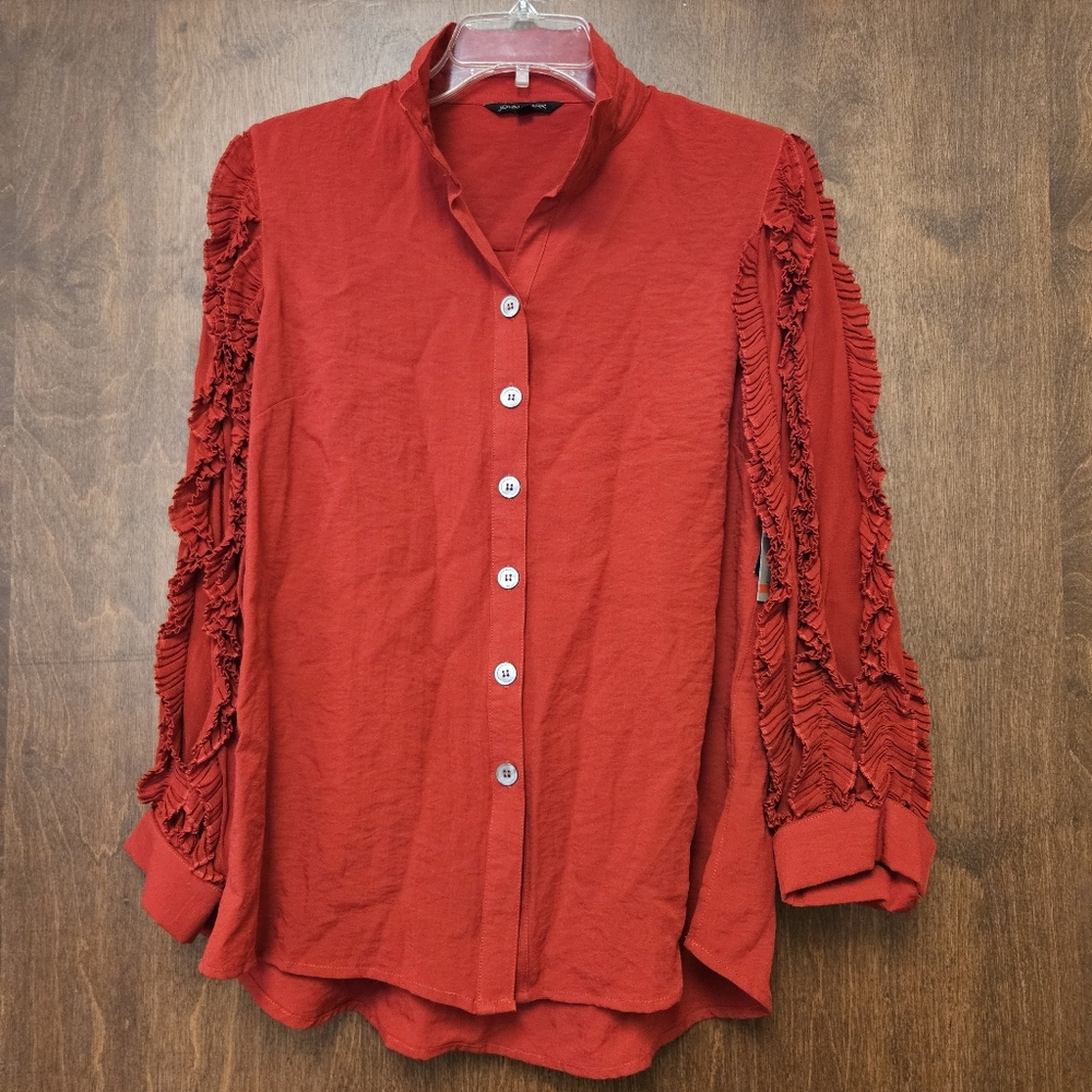 NWT John Mark Ruffle Sleeve Ruby Red Blouse, Wired Collar - Size XS